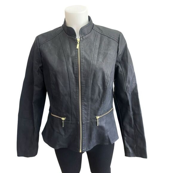 Baccini Black Zip Faux Leather Black Jean Jacket Peplum Style Medium New - Picture 6 of 10